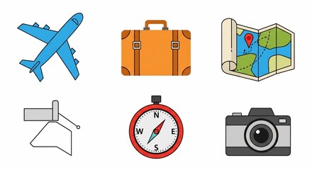 Colorful Travel Icons: Airplane, Suitcase, Map, Compass, Camera, and More.