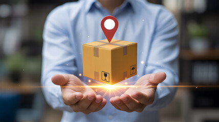 Package Delivery Tracking Concept – Shipping Box with Location Pin, Logistics, Courier, and Order Fulfillment