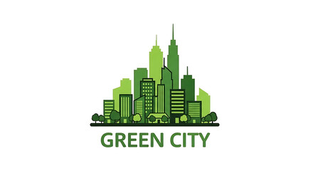 Fototapeta premium Green city logo with a skyline of buildings and trees in various shades of green on a white background ai generated