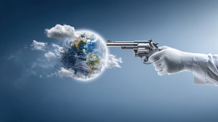 Naklejka premium Earth Under Threat. A conceptual image representing environmental destruction. A hand in a glove points a gun at planet Earth.