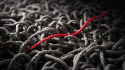 A single red rope stands out from a tangled mess of grey cords