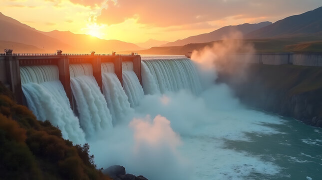 Hydroelectric Dam Spillways Flowing with Water at Sunset with Mountain Backdrop power waterfall