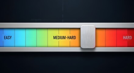 Modern user interface slider for selecting a difficulty setting, with a metallic handle on a vibrant color gradient from easy to hard