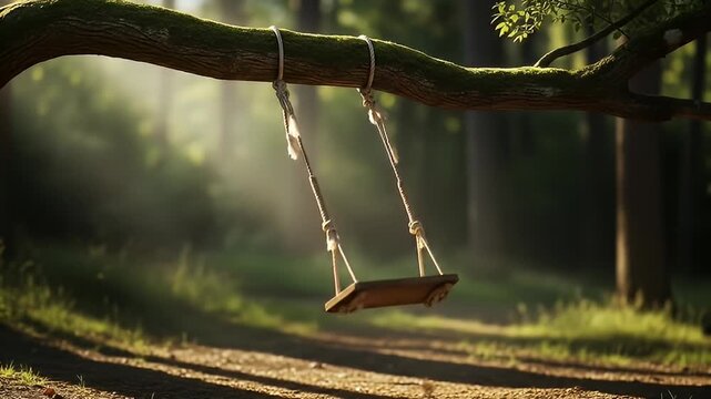 A serene forest scene featuring a wooden swing hanging from a tree branch, surrounded by soft sunlight filtering through the trees, creating a peaceful atmosphere perfect for relaxation