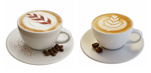 Two cappuccino coffee cups with latte art isolated on transparent background