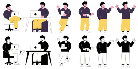 Man in Digital World: This illustration captures a set of diverse poses of a man engaged in various digital activities, from working on a laptop to presenting a concept.