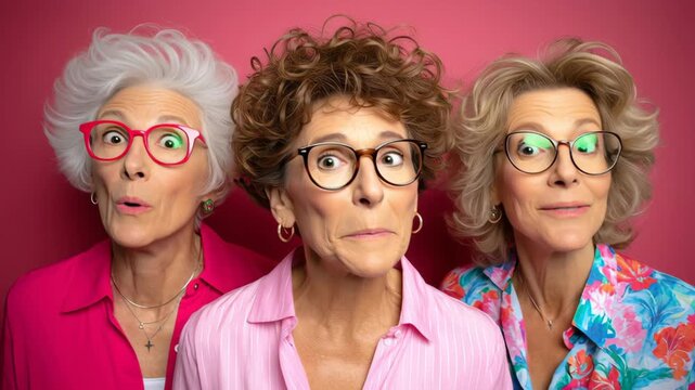 Three women with glasses and pink shirts are standing together