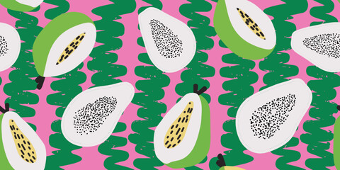 Papaya Fruit Slices on Pink with Green Strokes Pattern