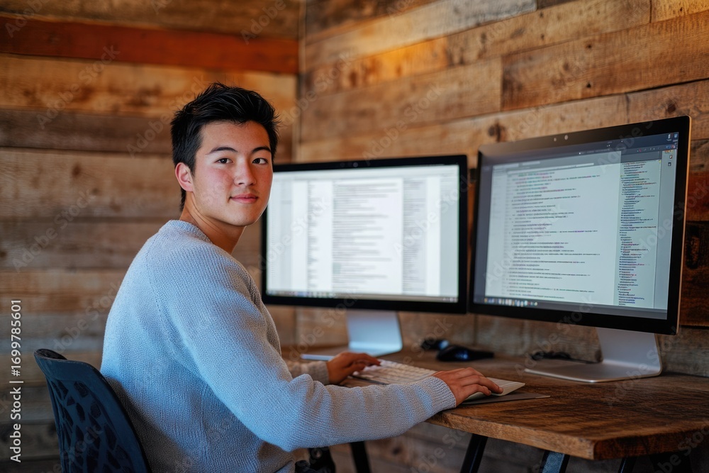 Poster a young asian male programmer sits at his desk, working on code displayed on dual monitors in a rust