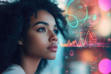 A young woman gazes thoughtfully at a futuristic data visualization, contemplating technological advancements and their impact.