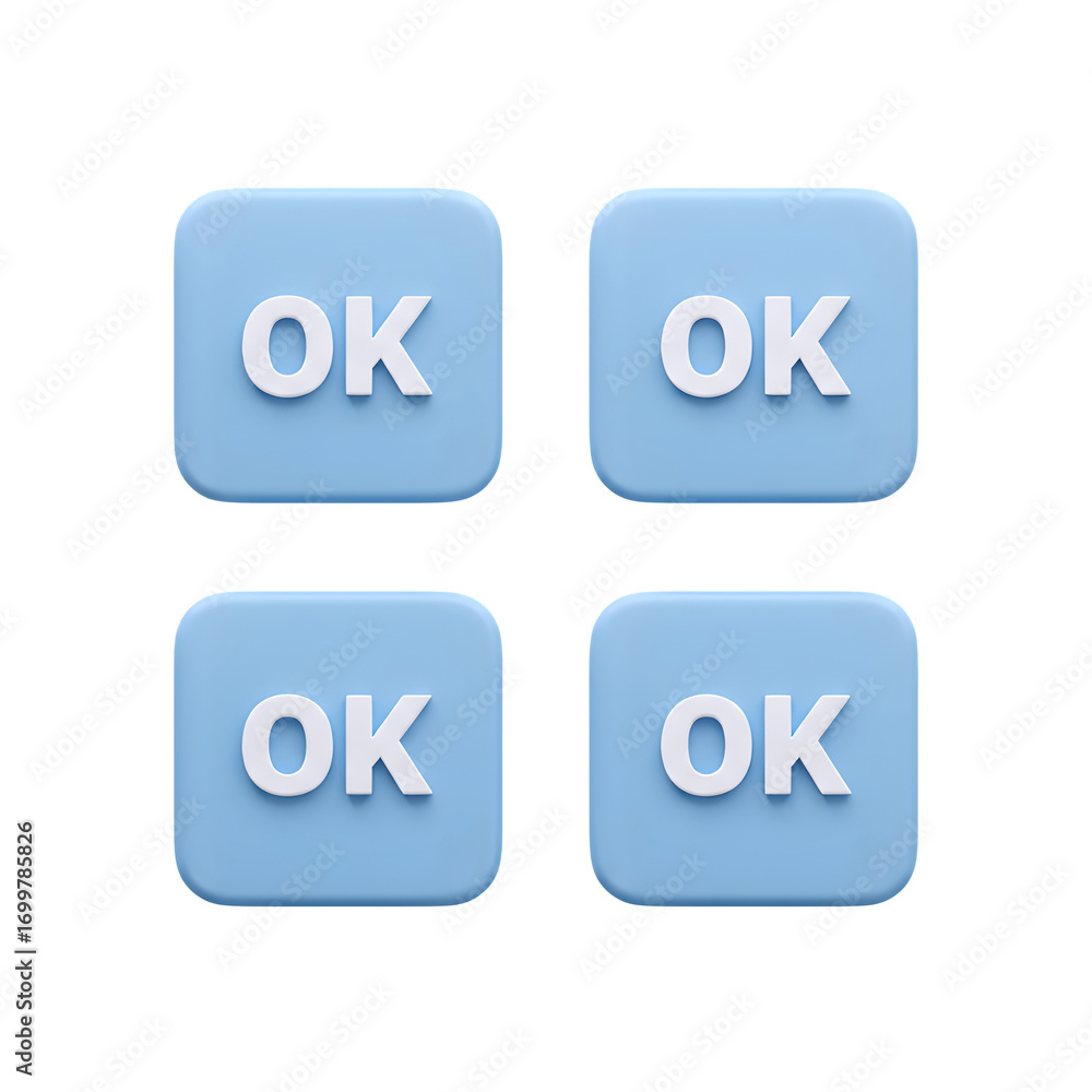 Poster four light blue rounded square buttons with the word ok in white text isolated on transparent backgr