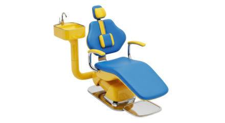 Isolated dental equipment, dentist chair with attached sink and tap, bright yellow and blue