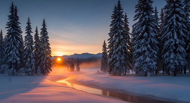 Serene winter sunrise casting an ethereal glow over snowy forest stream - Powered by Adobe