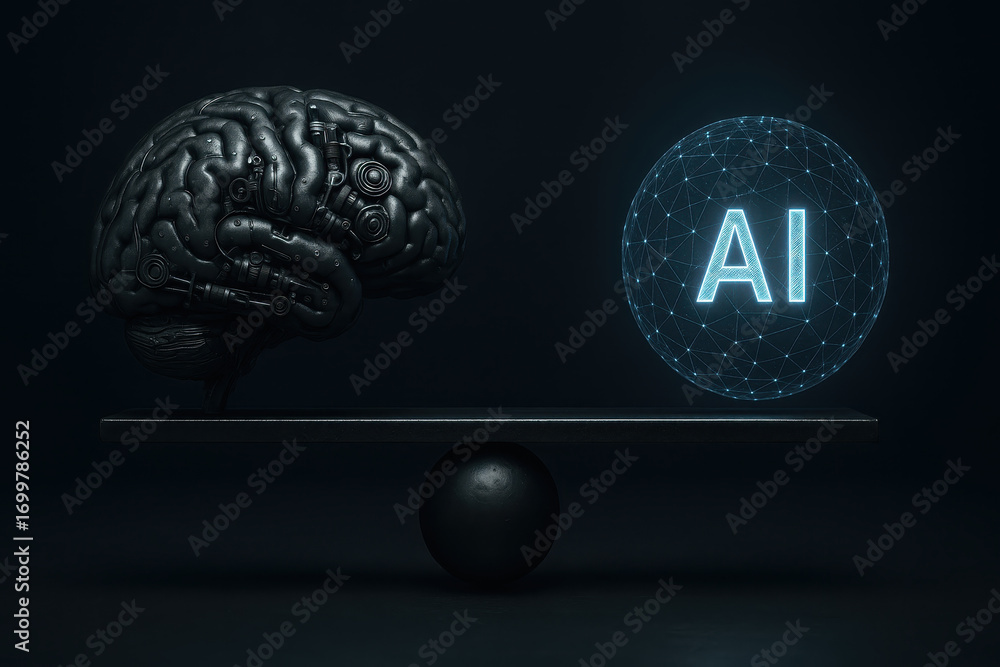 Poster artificial intelligence brain and ai technology concept with digital brain and glowing ai sphere bal