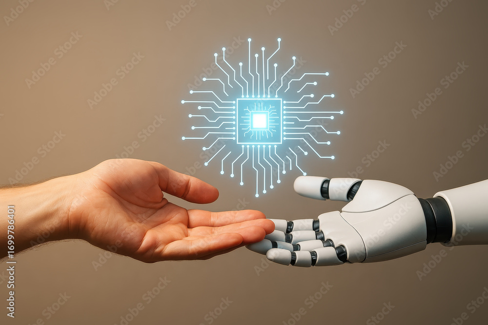 Poster human hand and robotic hand reaching toward each other with glowing microchip symbolizing artificial