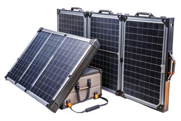 Portable solar generator with collapsible panels for camping trips isolated on white background ,PNG. AI Generated.
