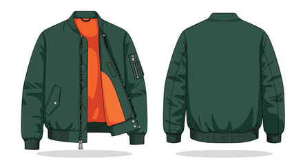 Olive green bomber jacket illustration featuring a vibrant orange lining showcases front and back perspectives against a clean white backdrop