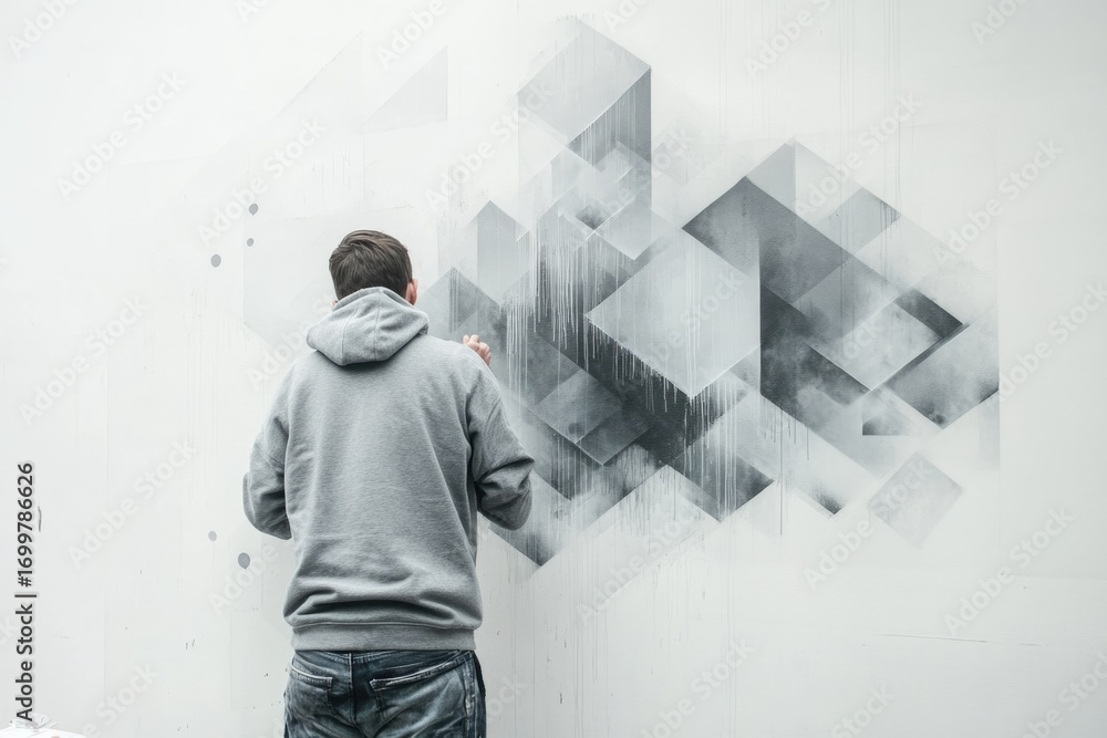 Poster a man paints a large-scale abstract mural featuring gray geometric shapes and a misty effect.