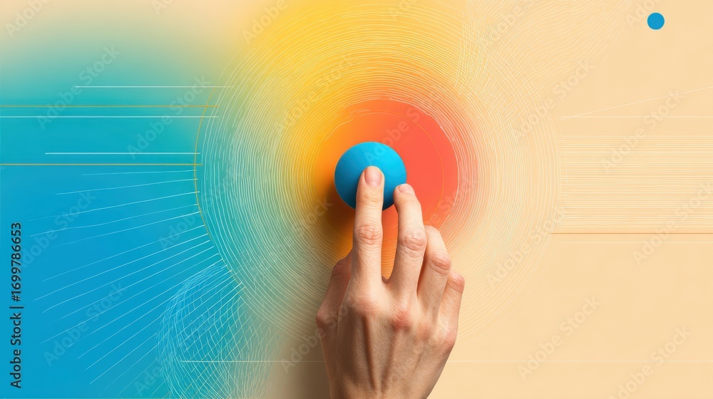 Poster hand interacting with a colorful sphere on a vibrant abstract background