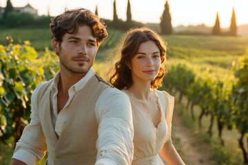 A romantic couple strolls through a sun-drenched vineyard, enjoying a golden hour moment.