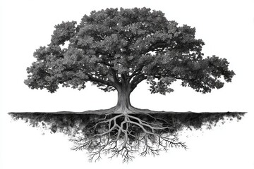 Fototapeta premium The image features a meticulously drawn tree with dense leaves and visible roots, captured in a black and white color scheme, representing the interplay between nature's visible and obscure elements