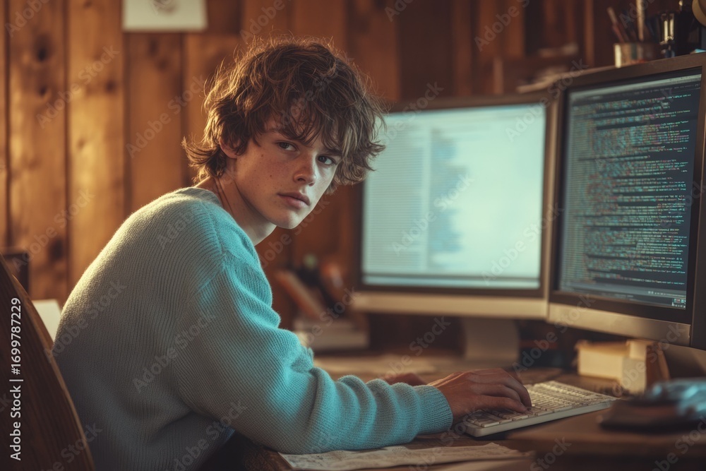 Aufkleber young programmer intently coding, surrounded by computer screens in a dimly lit room.