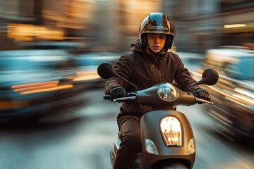 A young person on a scooter rides through city streets, motion blur highlighting speed and urban environment.