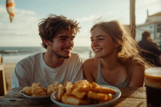 A young couple enjoys a meal by the beach, sharing laughter and a sunset view.