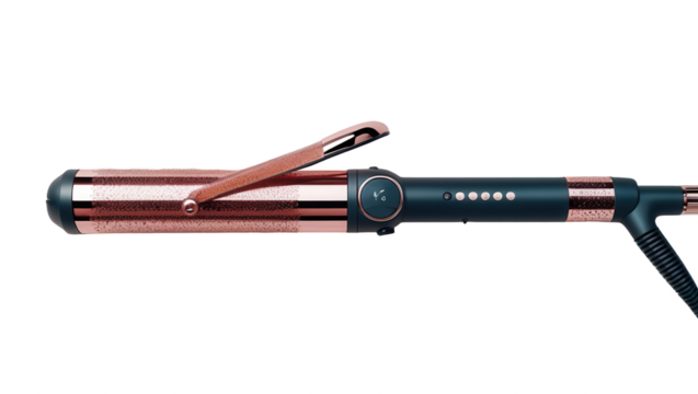 A sleek, rose gold and dark teal hair curler with adjustable temperature settings sits against a black background.