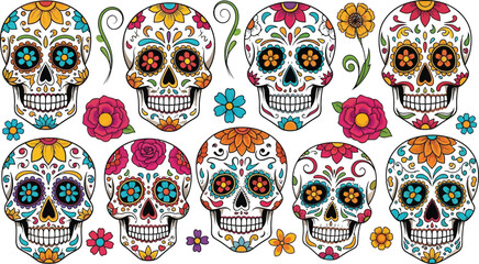 Vibrant sugar skulls with floral decorations celebrate Dia de Muertos