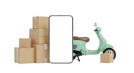 Isolated modern smartphone with blank screen, scooter and parcel boxes for delivery service © Ryan