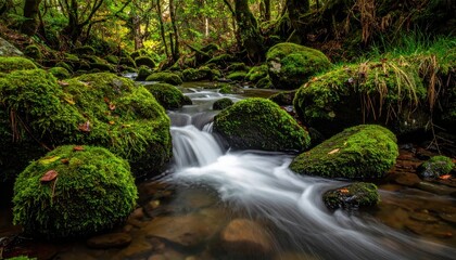 A peaceful stream flows through a forest, surrounded by moss-covered rocks and vibrant greenery, creating a tranquil natural scene.
