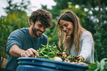 A happy couple composts food scraps and garden waste together in their backyard.
