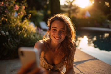 Golden-hour poolside selfie of a smiling young woman at sunset, a relaxed summer portrait with sunlit hair and warm glowing skin