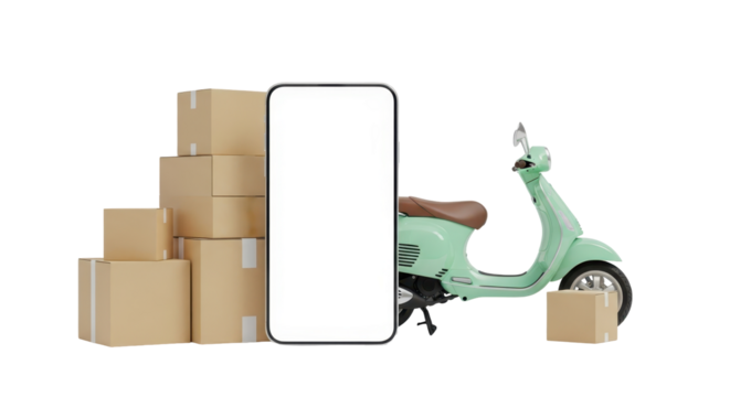 Isolated modern smartphone with blank screen, scooter and parcel boxes for delivery service