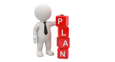 Isolated cartoon 3D person with red blocks that spell out 