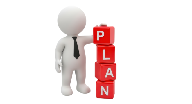 Isolated cartoon 3D person with red blocks that spell out "PLAN" for success and organization