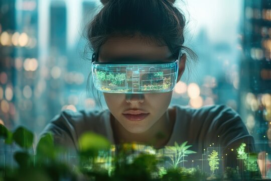 A woman uses futuristic AR glasses to monitor and analyze plant growth in a smart farm. - Powered by Adobe