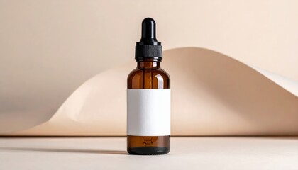 Naklejka premium Brown glass dropper bottle with blank label, ideal for skincare or essential oils, set against a neutral backdrop.