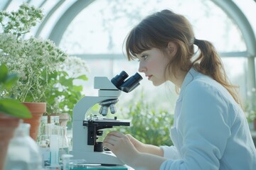 A young woman scientist uses a microscope to examine plant samples in a greenhouse setting.