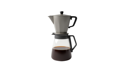 A modern coffee maker, featuring a light gray metal top and a dark gray base, stands out against a black background, with coffee visible in the clear glass carafe.