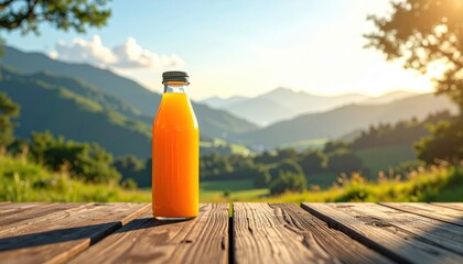 A bottle of orange juice sits on a wooden table, overlooking a beautiful mountain landscape at sunrise.