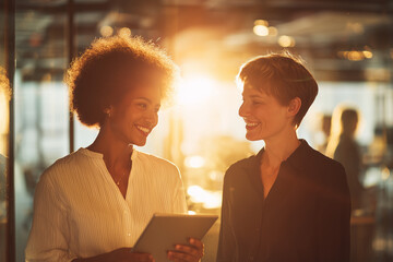 Two professional women smiling and collaborating with a tablet in a sunlit modern office, warm backlight and confident teamwork conversation