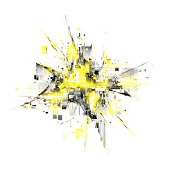 Abstract explosion of geometric shapes and lines in yellow and black, isolated on transparent background