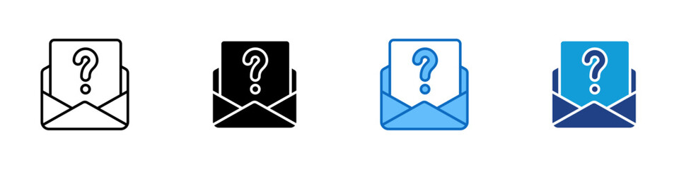 Question Mail Multiple Style Icon Sheet Design Vector - Envelope with a paper showing a question mark, symbolizing inquiry email, support request, or unanswered message