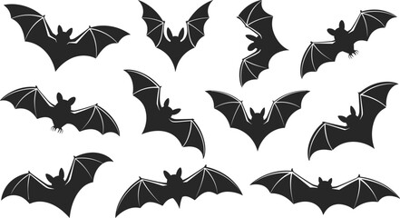 Bat silhouettes flying, Halloween theme, night creatures, spooky animals, Halloween decorations, dark wings, scary bats, Halloween icons, eerie wildlife, nocturnal animals
