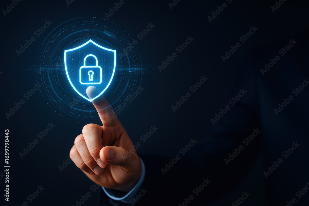 Poster digital technology and artificial intelligence drive innovation concept in cybersecurity with glowin