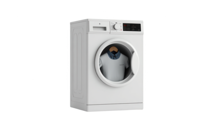 Modern white washing machine with a light gray polo shirt inside, presented on a black background.