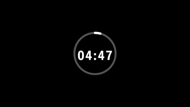 Five minute countdown animation on a transparent background, 5 minute countdown timer with alpha channel, 5 minutes circle countdown video