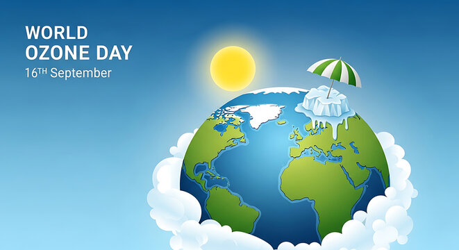 World ozone day illustration with earth globe melting under the sun and a green umbrella representing climate protection awareness